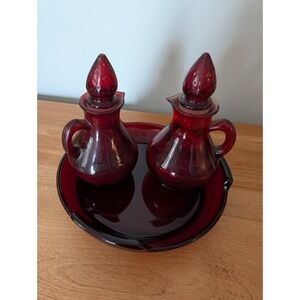 (2)Vintage Avon Ruby Red Mini Cruet Decanters with stoppers & Matching Tray